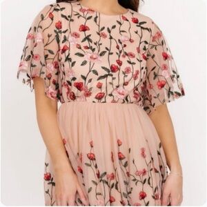 Baltic Born Pink Floral Embroidered Tulle Midi Dress
